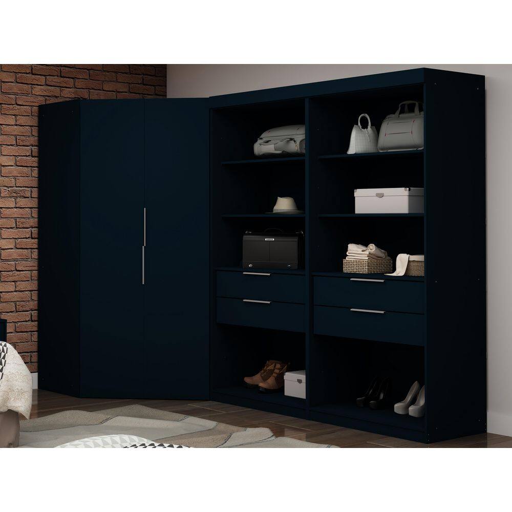 Two midnight blue armoire units side-by-side in a room.