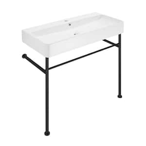 Carre 36 in. Ceramic Console Sink White Basin Black Legs