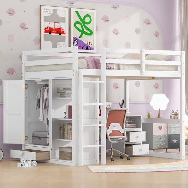 Harper & Bright Designs White Full Size Loft Bed with Wardrobe, Desk, Drawers, Shelves