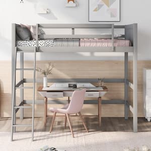 Gray Solid Wood Twin Size Loft Bed with Inclined Ladder and Safety Guardrail, No Box Spring Required