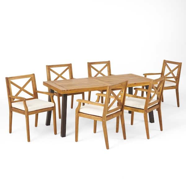 Noble House Juniper Teak Brown 7-Piece Wood Outdoor Patio Dining Set with Cream Cushions