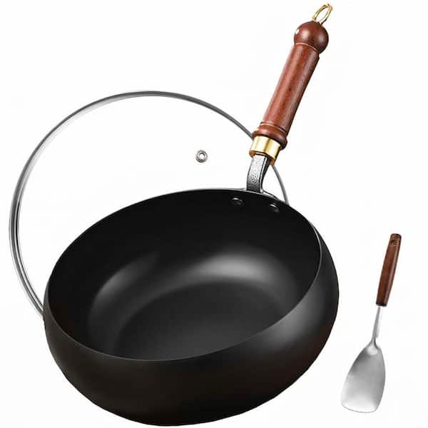 11-Inch Carbon Steel Wok Pan with Glass Lid Nonstick Flat Bottom Stir-Fry Pan Wood Handle for All Cooktops Set