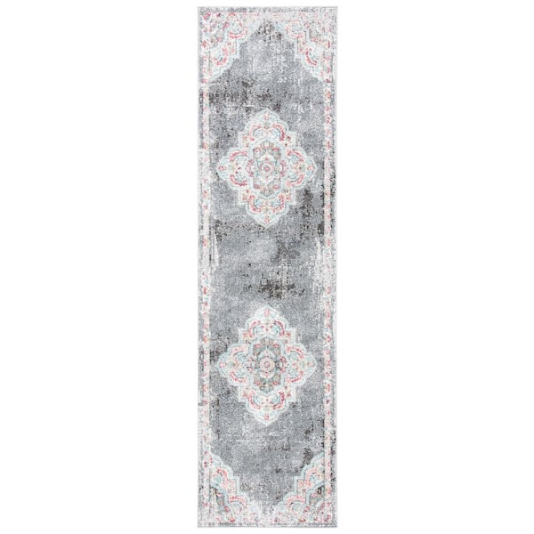 Phoenix 2 ft. x 10 ft. Gray/Ivory Medallion Ornate Distressed Runner Rug