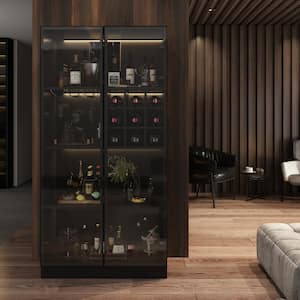 Black Wood 31.5 in. W Display Cabinet With Pop up Tempered Glass Doors & 3-Color LED Lights, Wine Storage Shelves