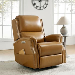 Joachim Camel 34.5 in. Traditional Genuine Leather Power Swivel Glider Recliner