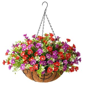 21 .6 in H. Red Purple Artificial Silk Flowers in Hanging Basket, Outdoor Indoor Patio Lawn Garden Decor