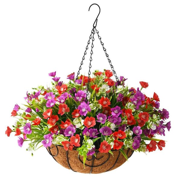 Unbranded 21 .6 in H. Red Purple Artificial Silk Flowers in Hanging Basket, Outdoor Indoor Patio Lawn Garden Decor