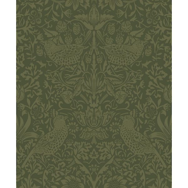 Moss Green Tonal Bird Garden Pre-Pasted Paper Wallpaper Roll (57.5 sq. ft.)