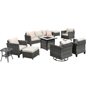 Lake Powell Gray 9-Piece Wicker Patio Conversation Fire Pit Seating Set with Beige Cushions