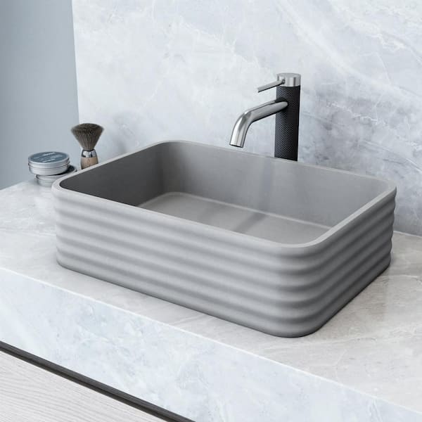 VIGO Cadman Modern Gray Concreto Stone 18 in. L x 13 in. W x 5 in. H Rectangular Fluted Bathroom Vessel Sink