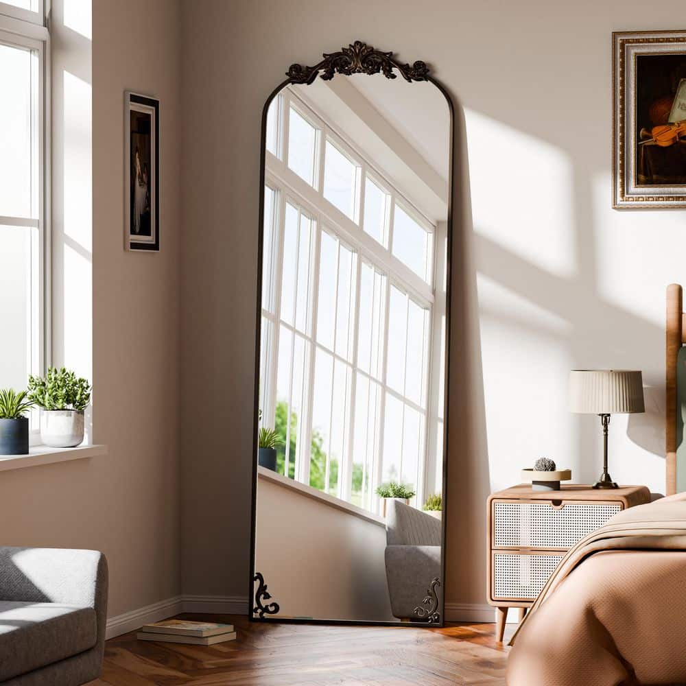 XRAMFY 21 in. W x 64 in. H Arched Bronze Metal Framed with Carved Decoration Full Length Mirror FMHTJHAC2164BRZ