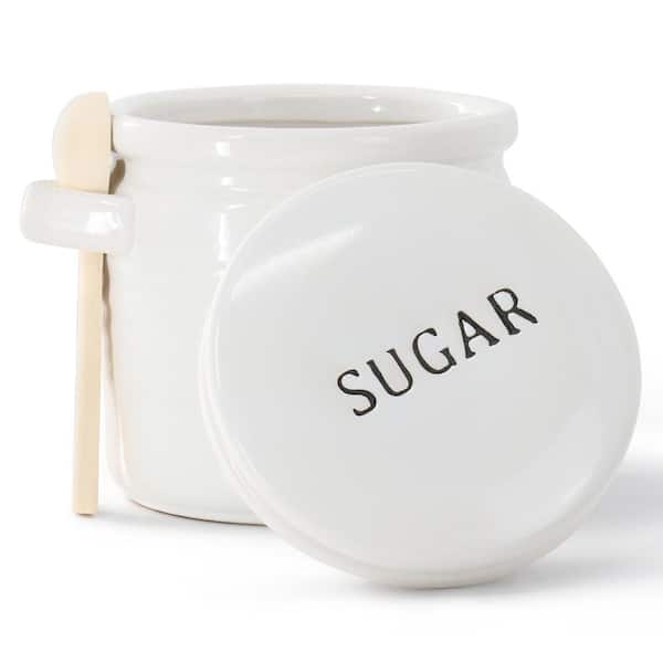 Meritage Neat 5.5 Inch Round Stoneware Sugar Canister in White with Wooden Spoon