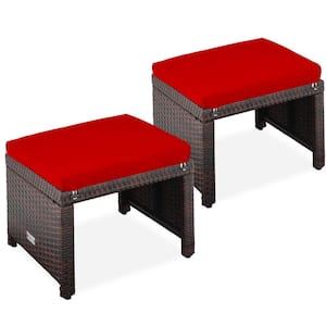 Brown Wicker Outdoor Ottoman with removeable Red Cushion (2-Pack)