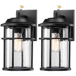 13 in. Matte Black Hardwired Outdoor Wall Lantern Dusk to Dawn Wall Sconce Sensor Light with Clear Seeded Glass (2-Pack)