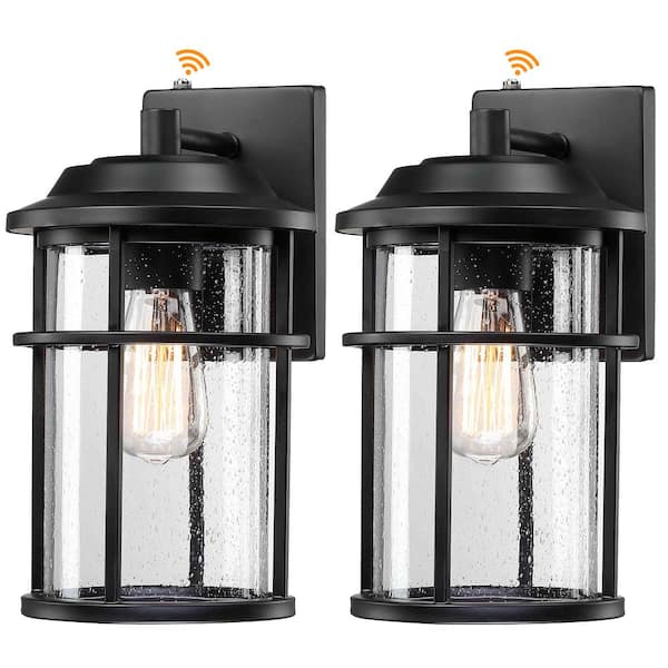 Uixe 13 in. Matte Black Hardwired Outdoor Wall Lantern Dusk to Dawn Wall Sconce Sensor Light with Clear Seeded Glass (2-Pack)