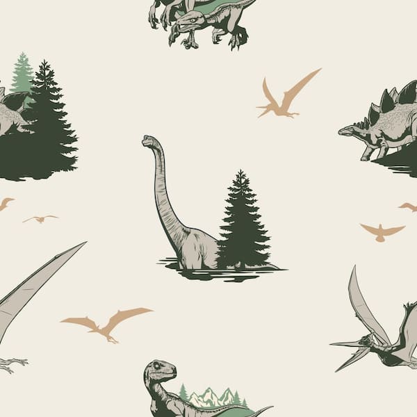 Jurassic World: Dominion Vintage Dinosaurs Green Matte Finish Peel and Stick Vinyl Wallpaper