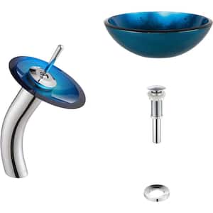 Irruption Glass Vessel Sink in Blue with Single Hole Single-Handle Low-Arc Waterfall Faucet in Chrome