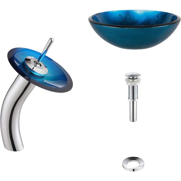 KRAUS Irruption Glass Vessel Sink in Blue with Single Hole Single-Handle Low-Arc Waterfall Faucet in Chrome