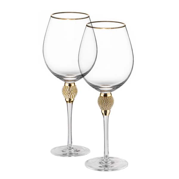 (Set of 2) Gold-Rimmed Red Wine Glasses with Diamond Rhinestone Accent 18 oz. 10 in. Tall