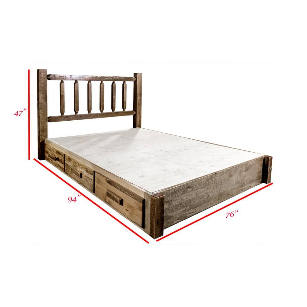 Early American Pine King Platform Bed with Storage Drawers