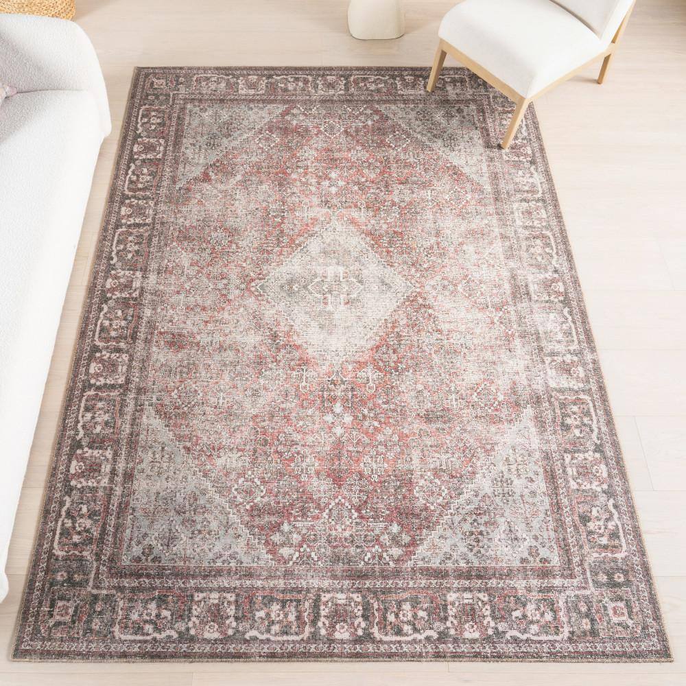 Gray and Burgundy Synthetic Rectangular Area Rug, 7' 10" x 10'
