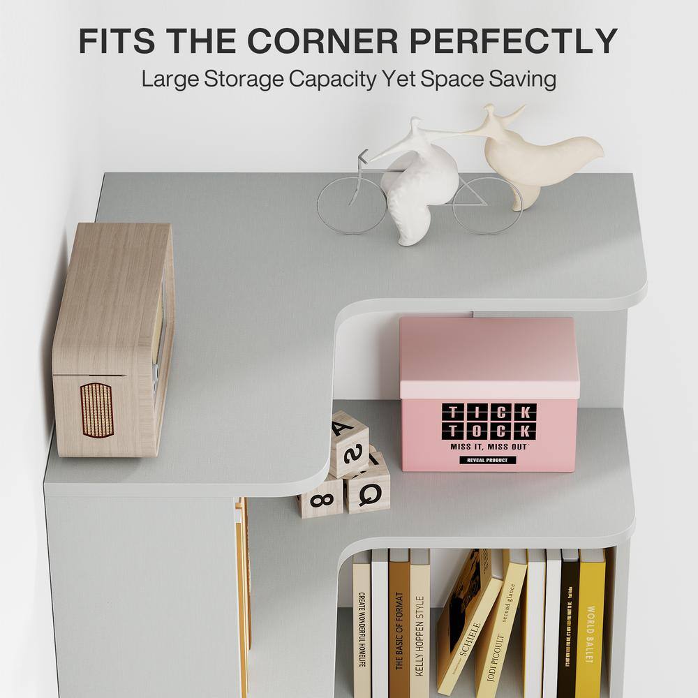 Silver Gray 65" Particle Board 6-Tier Corner Bookshelf with Anti-Drop Panel