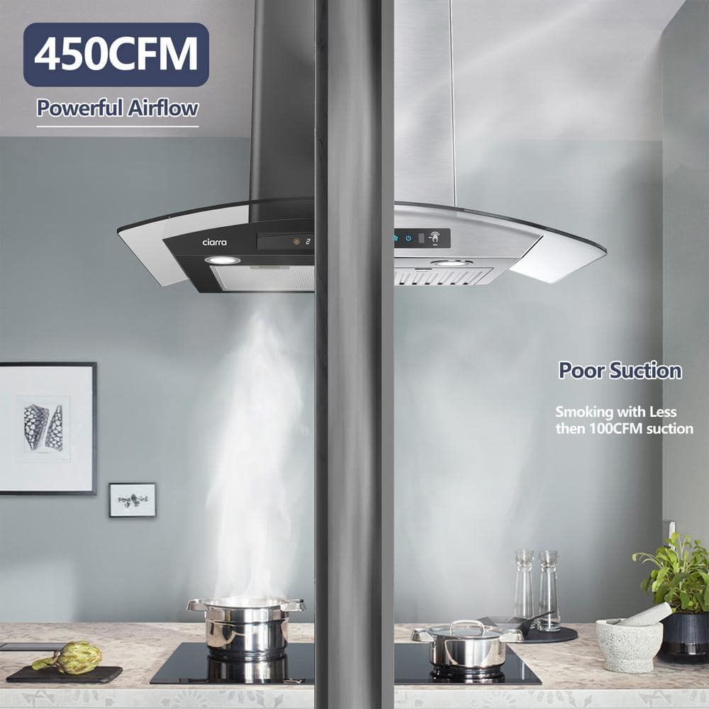 CIARRA 30-inch Black Convertible Wall Mount Range Hood with Glass Visor