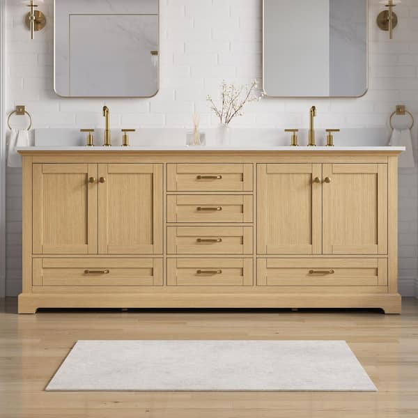 80 in. Solid Wood Freestanding Double Sink Oak Bath Vanity with White Cultured Marble Top, Soft-close Door and Drawer