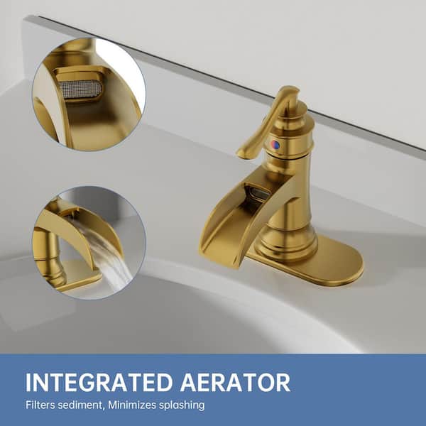 Waterfall Single Hole Single-Handle Low-Arc Bathroom Faucet Water-Saving Vanity With Drain Kit In champagne gold