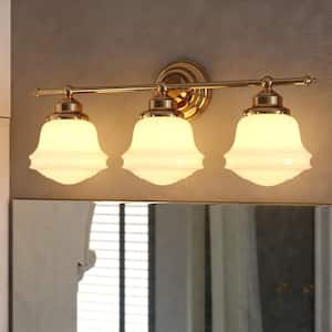 Huntley 24 in. W 3 Light Vanity Light Gold Brass Farmhouse Bathroom Wall Fixture White Schoolhouse Glass