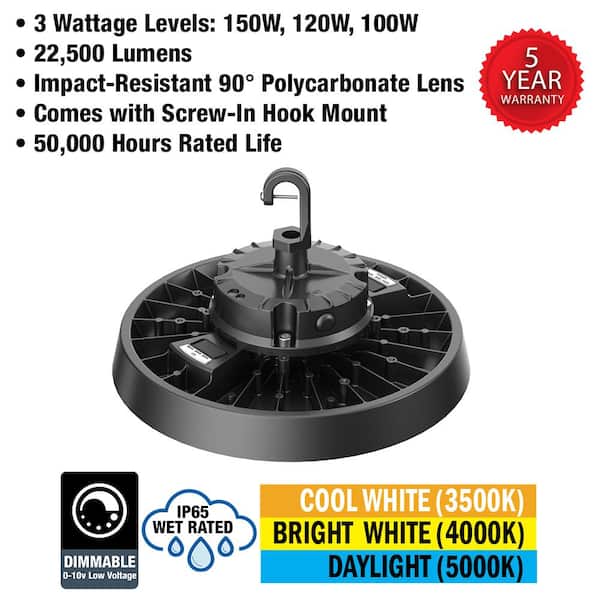 4-Pack 11 in. 400-Watt Equivalent LED Black High Bay Light 22500LM 100W 120W 150W 3000K 4000K 5000K 120-277V Dimmable