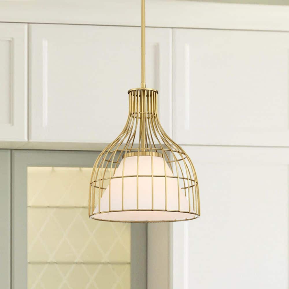 Evensong 60-Watt 1-Light Brushed Gold Bell Pendant with Etched Opal Glass Shade and Metal Outer Cage price history on PriceWatchPro