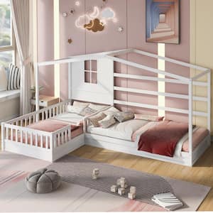 L-shaped White Twin Size Wood House Bed with Fence