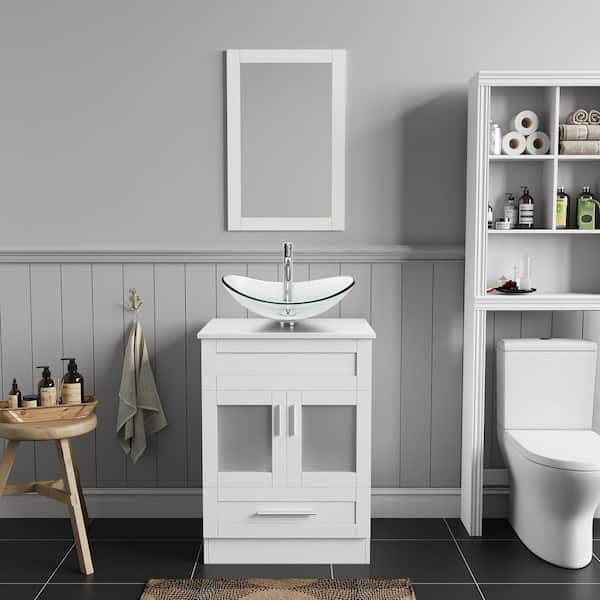 Puluomis 24 in. W x 19 in. D x 33 in. H Single Sink Bath Vanity in White with White Solid Surface Vanity Top and Mirror