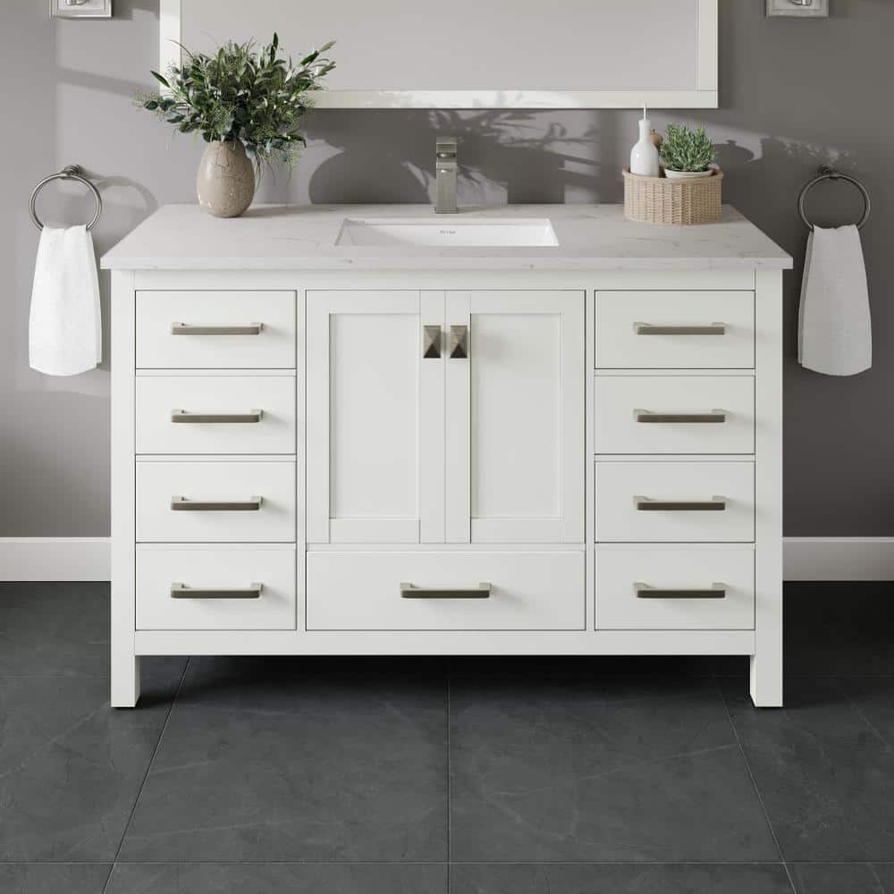 White Solid Wood Bathroom Vanity with Carrara Quartz Countertop