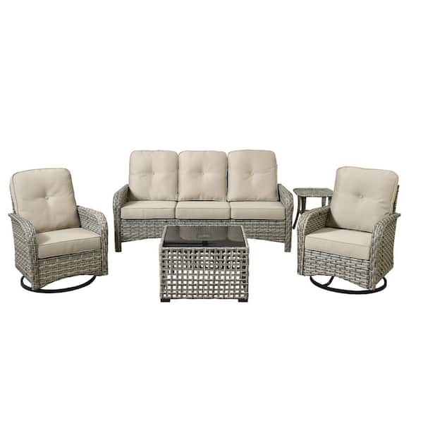 Vinceny Gray 5-Piece Wicker Patio Conversation Set with Beige Cushions and Swivel Chairs