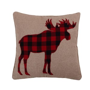 Lodge Red Black Plaid Moose Applique 18 in. x 18 in. Throw Pillow