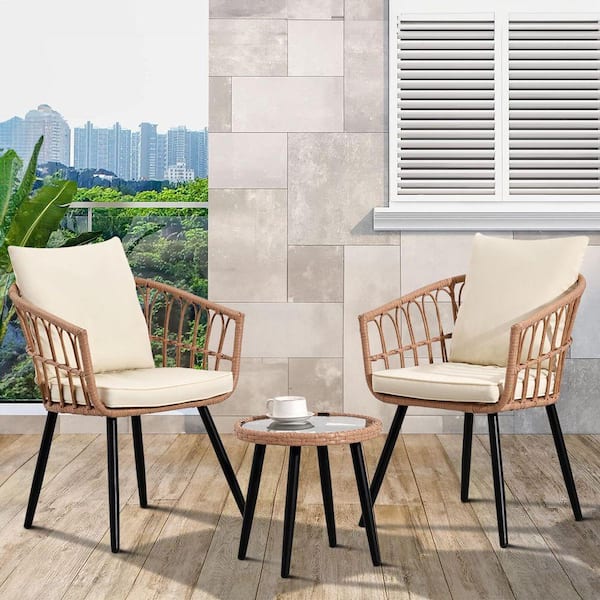 19.7 in. Black Wicker Patio Conversation Set 2 Oval Chairs, Glass Side Picnic Table w/ Beige (3-Piece)