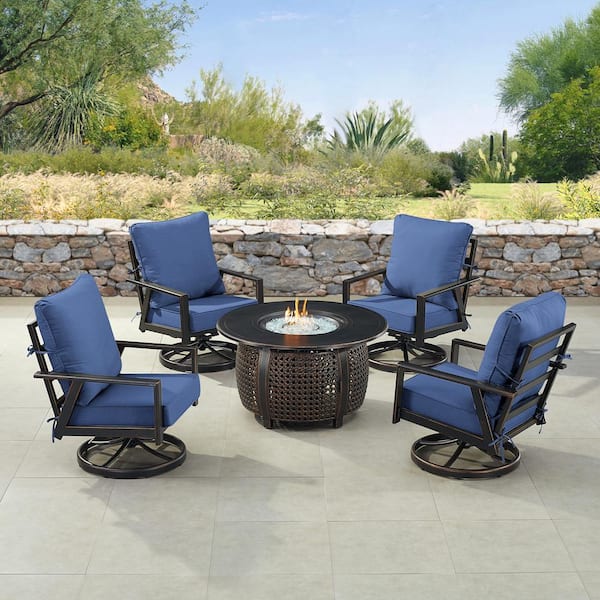 Oakland Living Black 7-Piece Aluminum Patio Fire Pit Set with 4-Club Chairs Blue Cushions