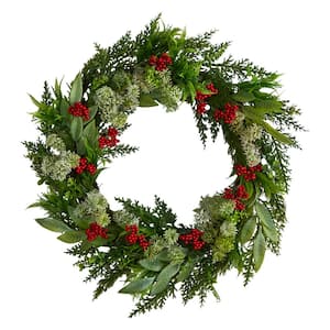 24 in. Unlit Cedar, Eucalyptus and Berries Artificial Christmas Wreath