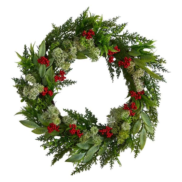 Nearly Natural 24 in. Unlit Cedar, Eucalyptus and Berries Artificial Christmas Wreath