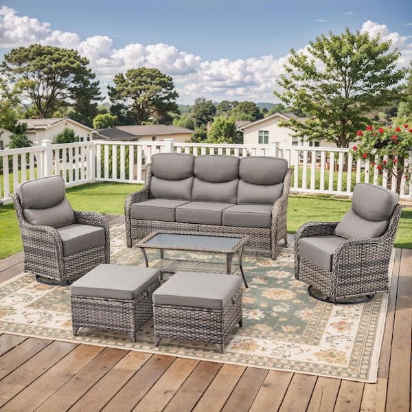 Crescent Gray Swivel Glider Wicker Patio Conversation Set with Gray Olefin 6 in. Thick Cushions/Couch (6-Piece)