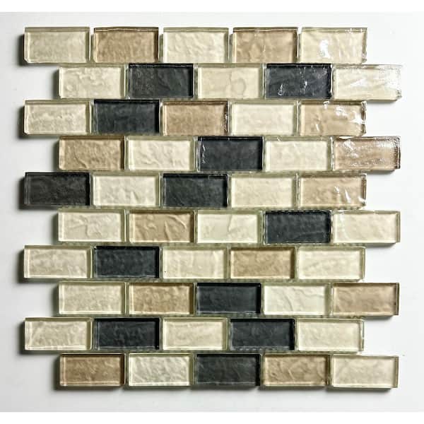 Southwestern Style Cream and Black Brick Mosaic 10 in. x 11 in. Textured Glass Wall and Pool Tile (9.12 sq.ft./Case)