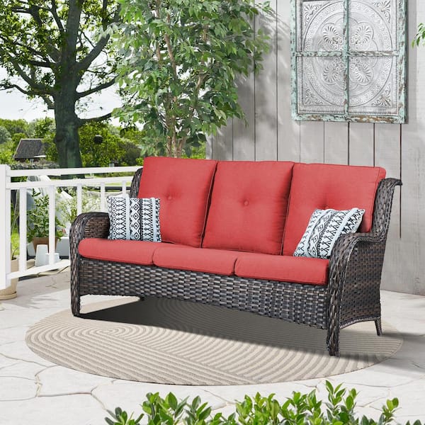 Opohoro Brown Wicker Outdoor Couch, 3-Seat Patio Sofa with Deep Seating and Red Cushions for Porch Deck Balcony