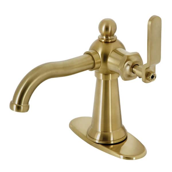 Knight Single-Handle Single-Hole Bathroom Faucet with Push Pop-Up and Deck Plate in Brushed Brass