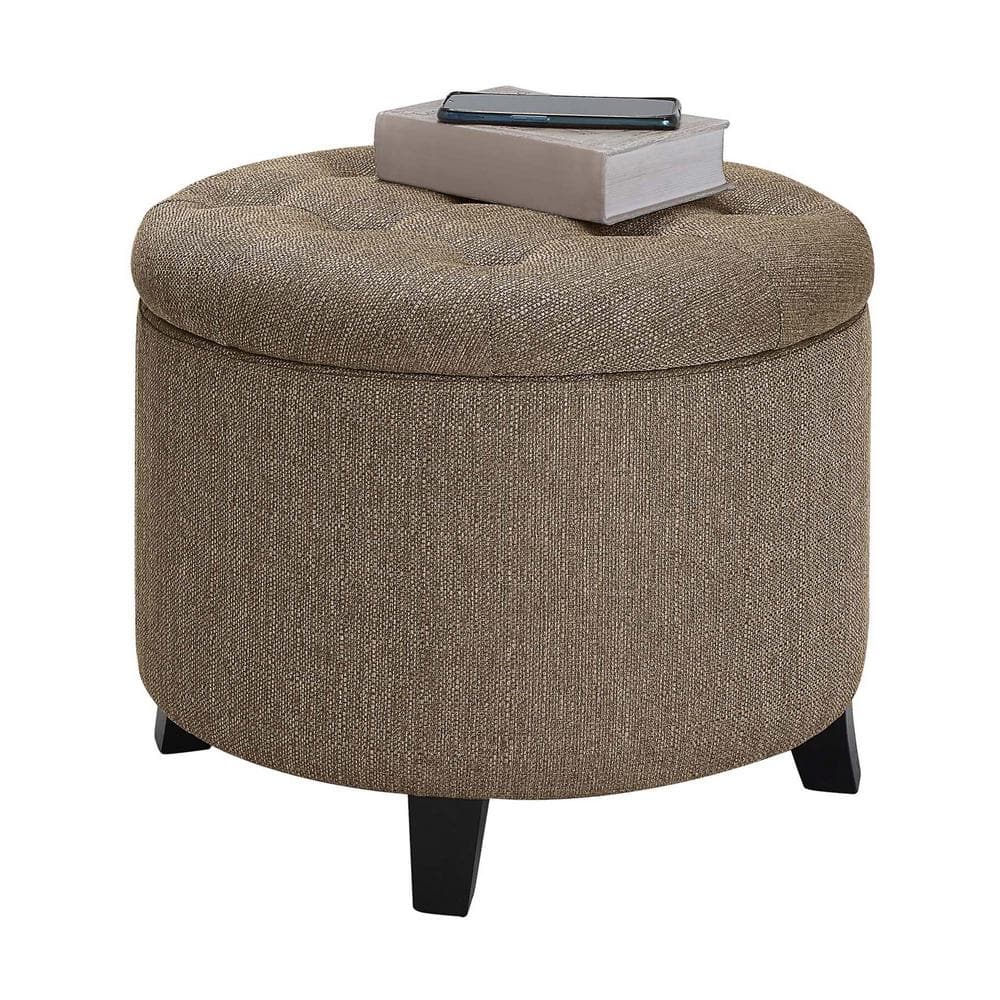 Sandstone Fabric Tufted Round Storage Ottoman with Solid Rubberwood Legs