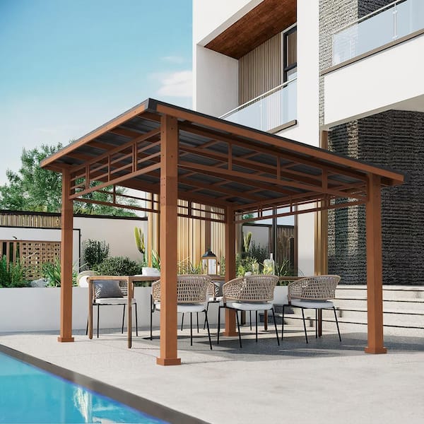 Chandler 10 ft. x 12 ft. Brown Cedar Wooden Gazebo Pavilion With Hard Top Iron Slope Roof Grill Gazebo