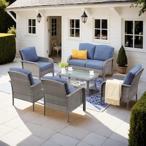 Gladiola 6-Piece Wicker Patio Conversation Seating Sofa Set with Denim Blue Cushions