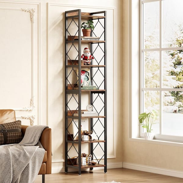 79 in. Tall Narrow Rustic Brown Wood 7-Shelf Etagere Bookcase Bookshelf with Sturdy Metal Frame for Living Room, Bedroom