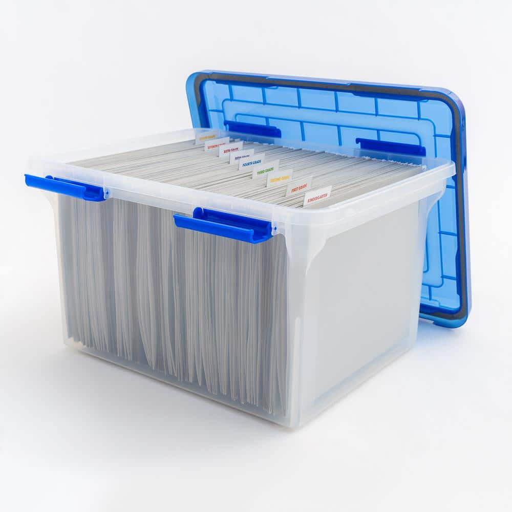 Clear and Blue Plastic Stackable File Storage Boxes, Set of 3